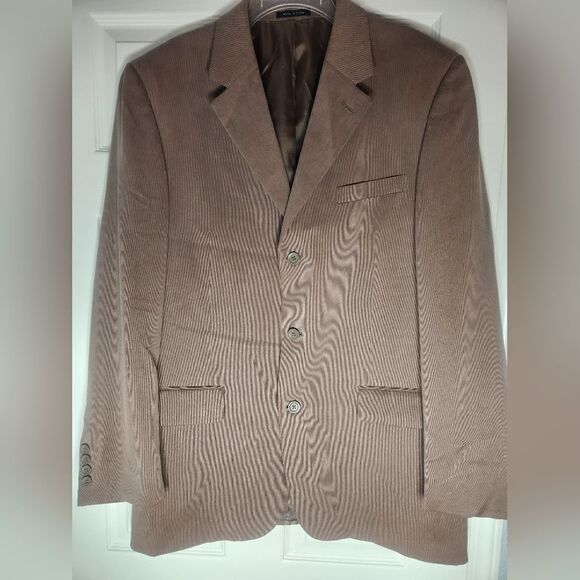 Alfani for Macy's L Tan 100% SILK Angel Spagetti Striped 3 Buttons Men's Blazer - Picture 1 of 6